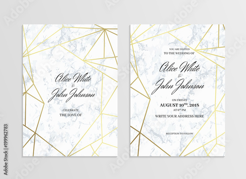 Invitation card template of geometric design. Two side. Invitation to a wedding party. White marble background and gold geometric pattern. Dimensions 5x7 inch. Seamless pattern included. Eps10.