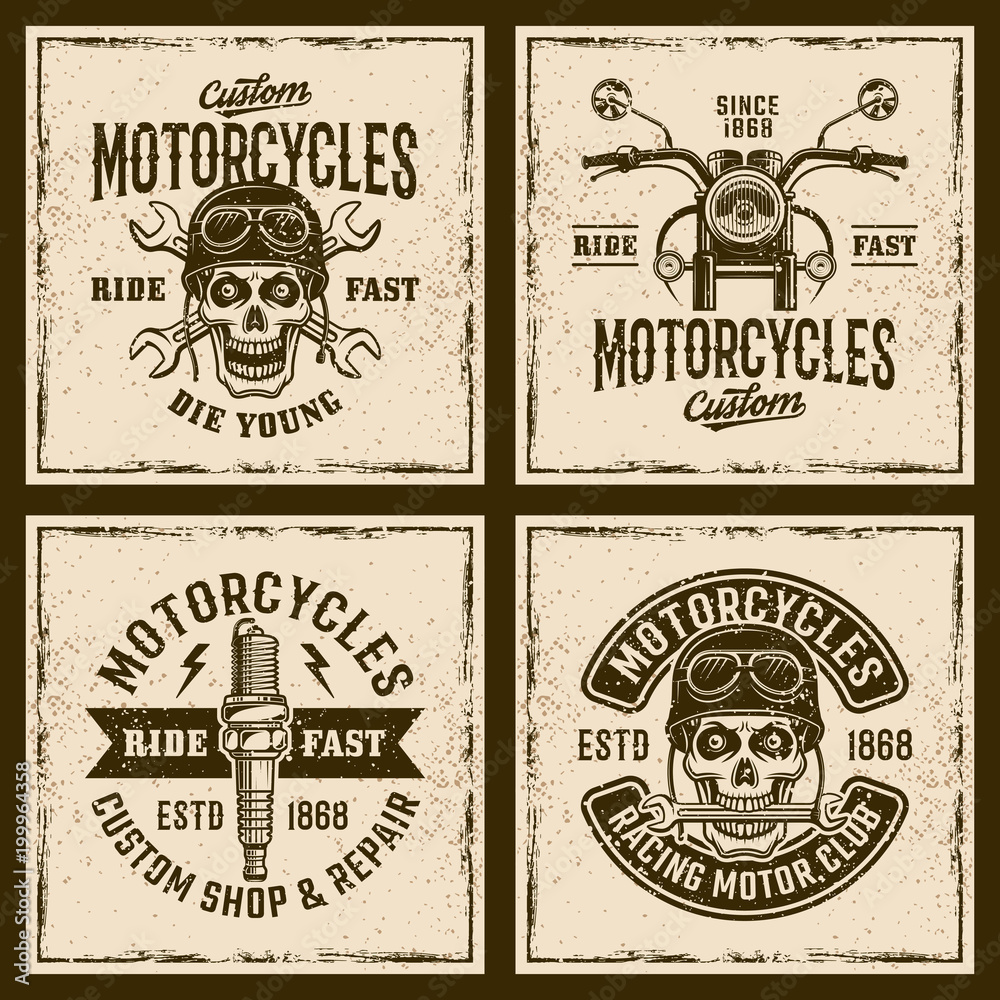 Motorcycles four colored vintage grunged emblems