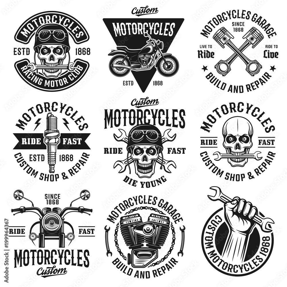 Motorcycles set of nine vector vintage emblems