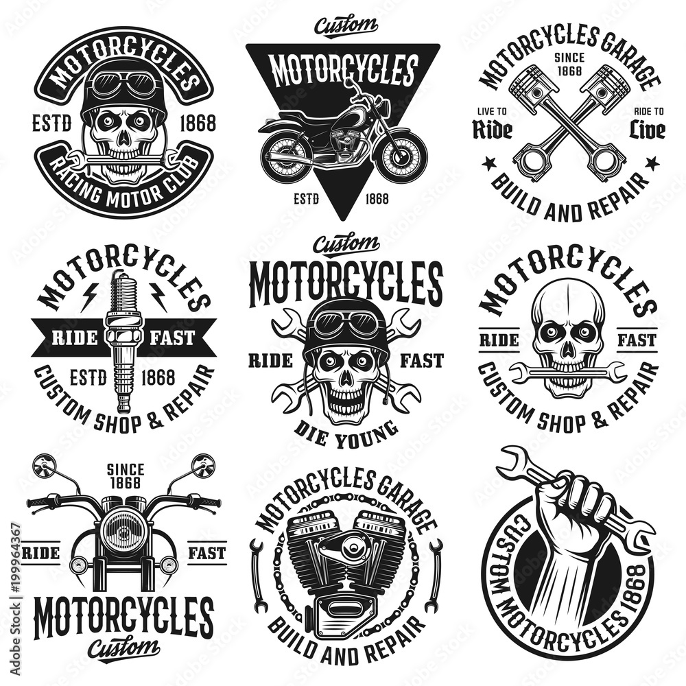 Fototapeta premium Motocykle zestaw dziewięciu emblematów vintage wektor