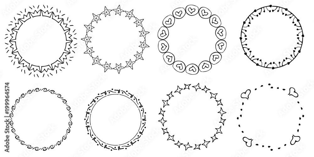 Set of round hand drawn frames of stars, hearts, crown, abstract shapes. Doodles style. Vector illustration. Decorative isolated elements, border, label for text. Set of round hand drawn frames of stars, hearts, crown, abstract shapes. Doodles style. Vector illustration. Decorative isolated elements, border, label for text.