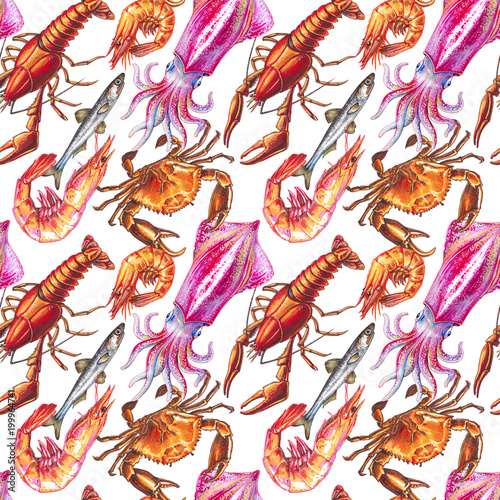 Hand-drawn texture with seafood set on the white background