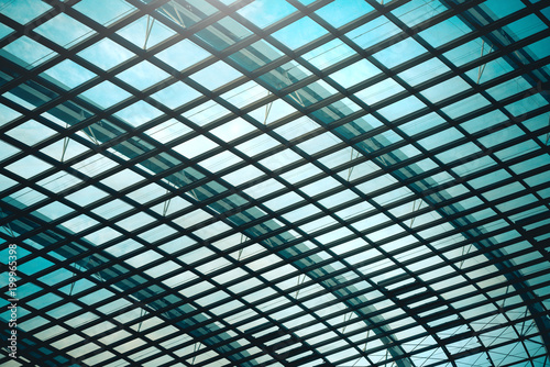 Interior of building hall structure with metal and glass roof