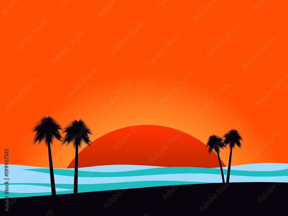 Silhouettes of palm trees on sunset background, coast. Tropical sunrise or sunset. Vector illustration