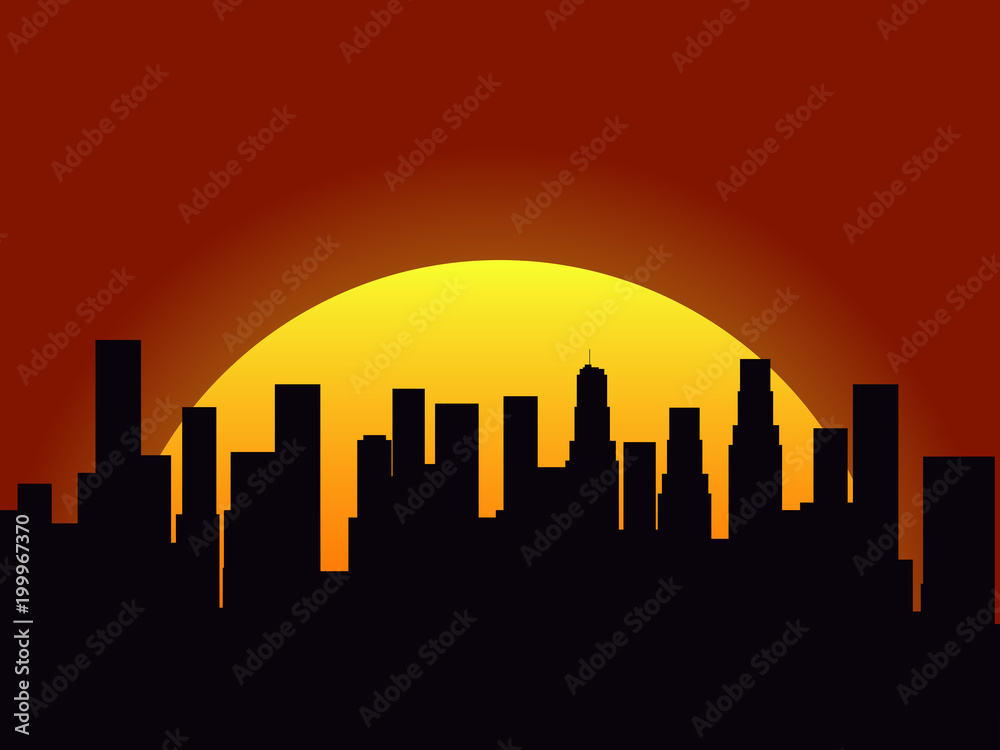 City landscape on a sunset background. Silhouette of skyscrapers and high-rise buildings. Sunrise or sunset. Vector illustration