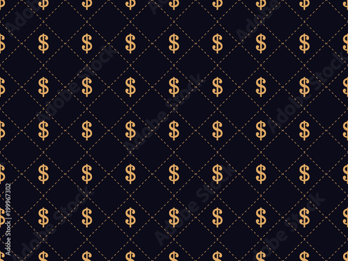 Art deco seamless pattern with dollar sign. Gold color, wealth and status 1920s, 1930s. Vector illustration