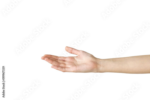 Female hand reaching out on isolated background