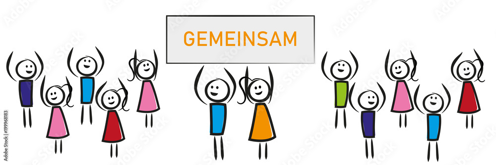 Mann und Frau mit Schild und jubelnder Gruppe - Gemeinsam Mann und Frau mit Schild und jubelnder Gruppe - Gemeinsam