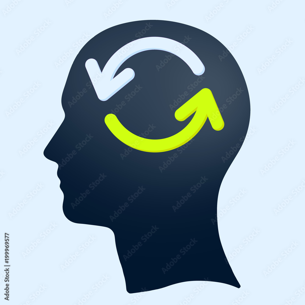 Thinking head, illustration of head with arrows, thinking person that solves the problem, analyzes Thinking head, illustration of head with arrows, thinking person that solves the problem, analyzes