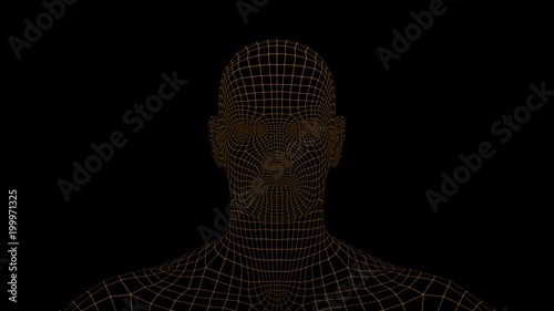 Wireframe human head being scanned with a laser light. Cybersecurity and biometrics authentication concept. hi tech background