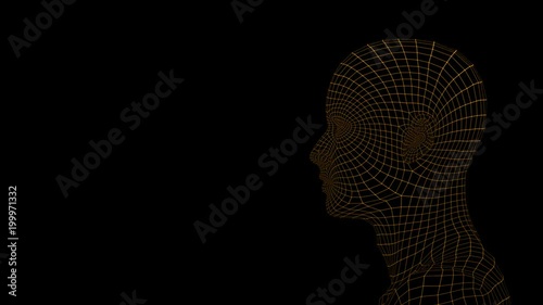 Wireframe human head being scanned with a laser light. Cybersecurity and biometrics authentication concept. hi tech background
