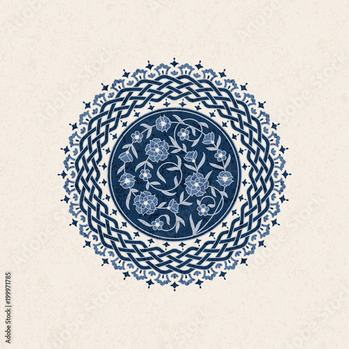 vector vintage background with round blue arabesque with floral ornament. design for print, covers, interior