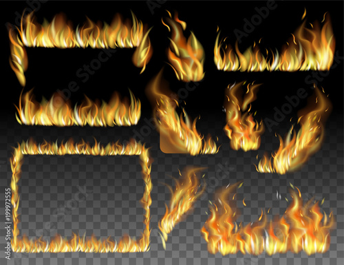 Set of realistic fire flames of various size with sparks on transparent background. Realistic isolated vector illustration.