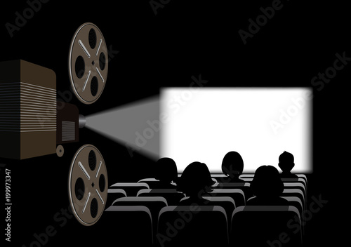 Film projector, film screening in the cinema.