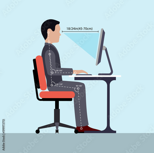 Infographics correct posture at the computer silhouette of a man at a table.