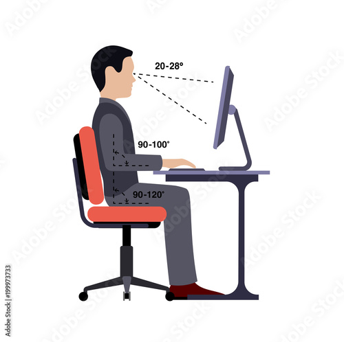 Infographics correct posture at the computer silhouette of a man at a table on a white background.