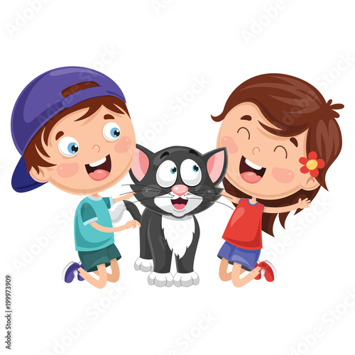 Vector Illustration Of Cartoon Kids With Cat