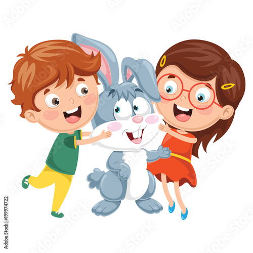 Canvas Print Vector Illustration Of Cartoon Kids With Rabbit