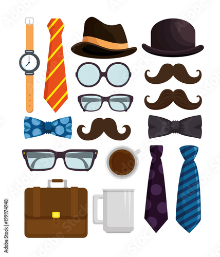 happy fathers day set accessories icons vector illustration design