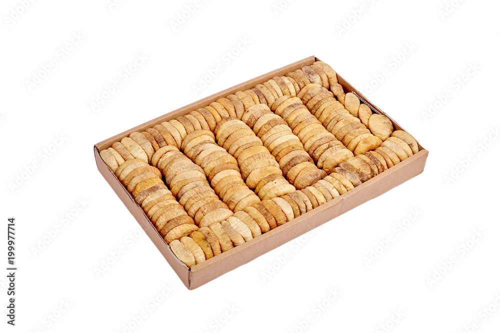 Dried RAW organic turkish figs packed in a box. Healthy and tasty. Isolated on white background Dried RAW organic turkish figs packed in a box. Healthy and tasty. Isolated on white background