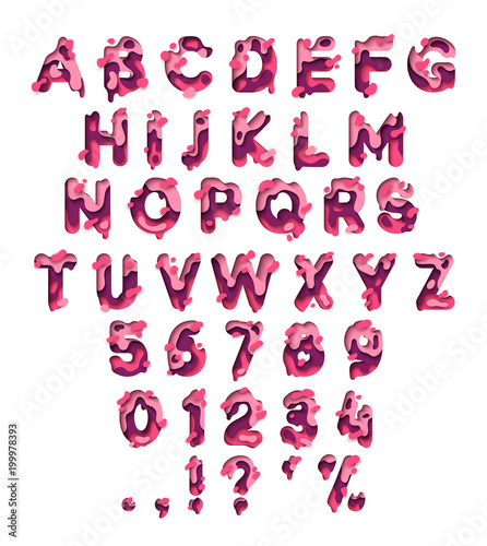 Paper cut letter. Fluid typeface, texture style papercut. Design 3d sign isolated on white background. Alphabet font of melting liquid.