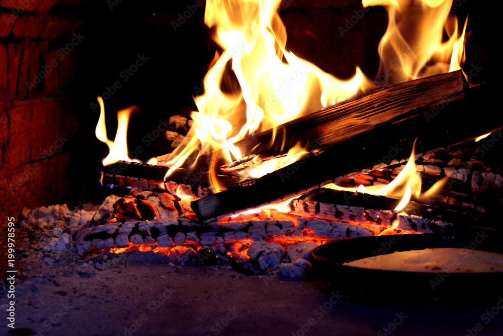 wood burns with a bright flame in a furnace