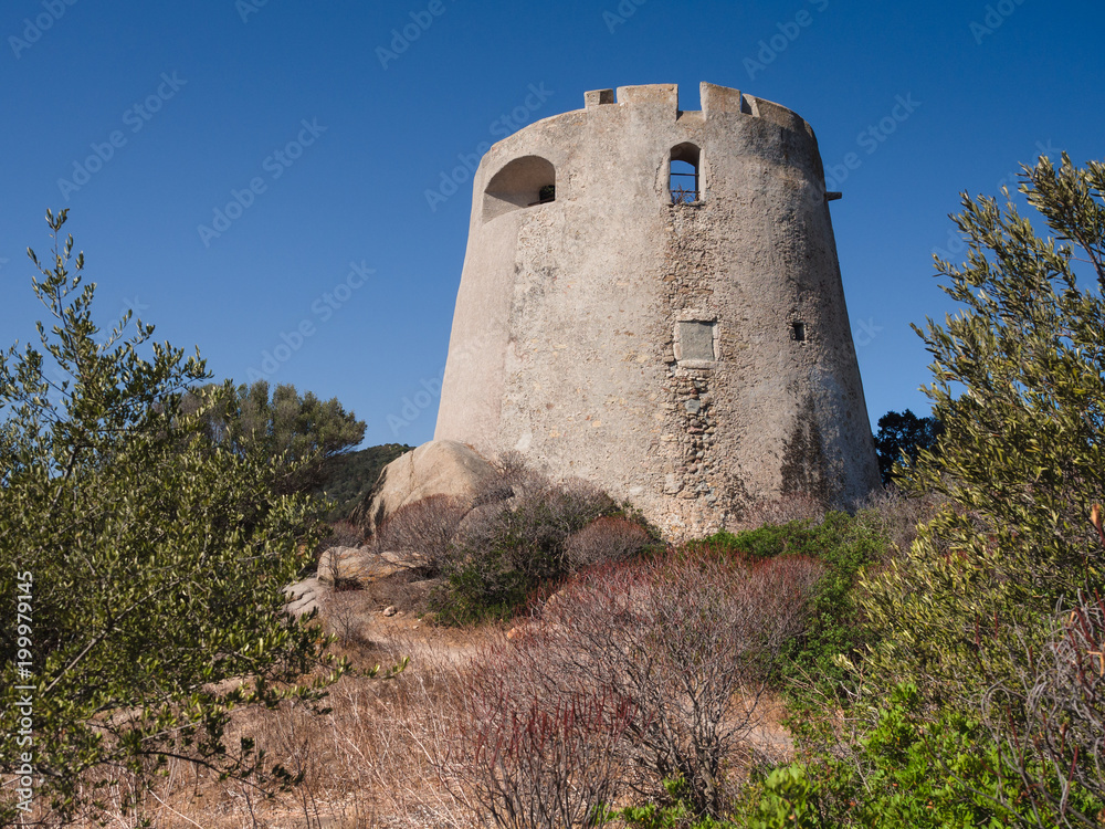 The Spanish watchtower of Porto Giunco, Villasimius, Sardinia, Italy,