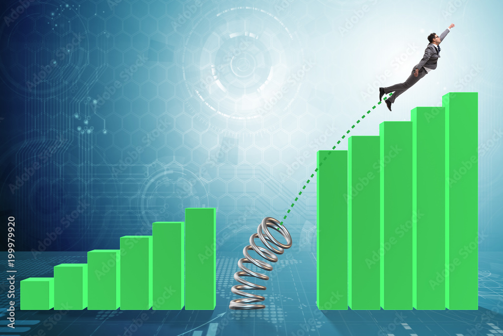 Business people jumping over bar charts Business people jumping over bar charts