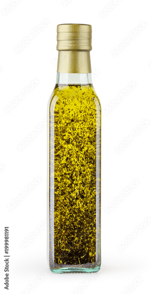 Olive oil with basil in glass bottle isolated on white backgound with clipping path