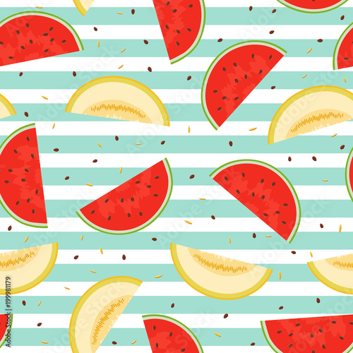Seamless pattern of pieces of melon and watermelon