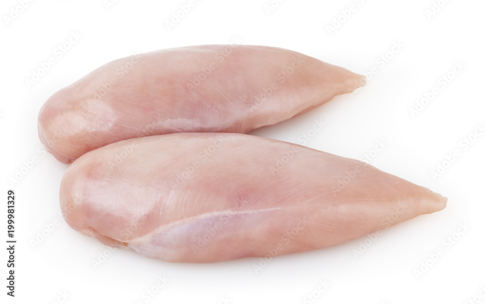 Raw skinless chicken breast fillet isolated on white background with clipping path Raw skinless chicken breast fillet isolated on white background with clipping path