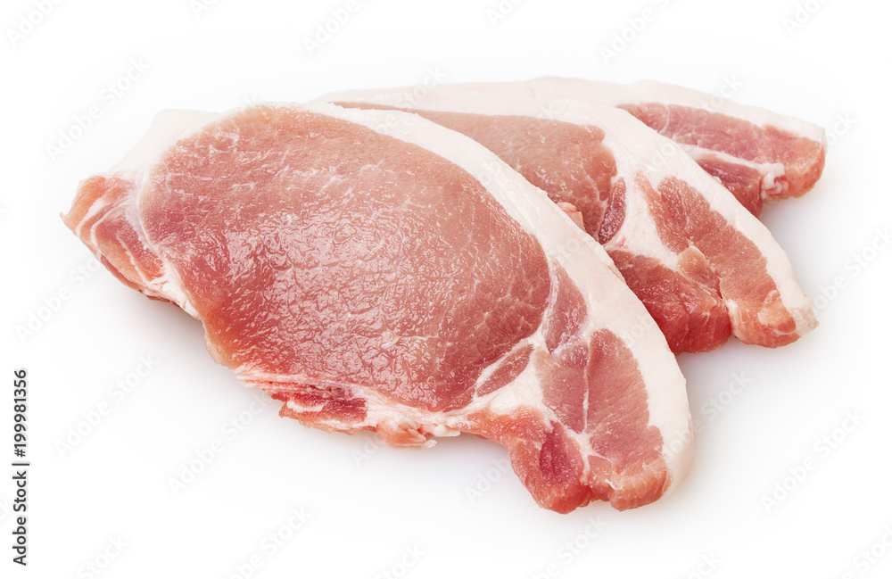 Three piece of raw pork meat isolated on white background with clipping path