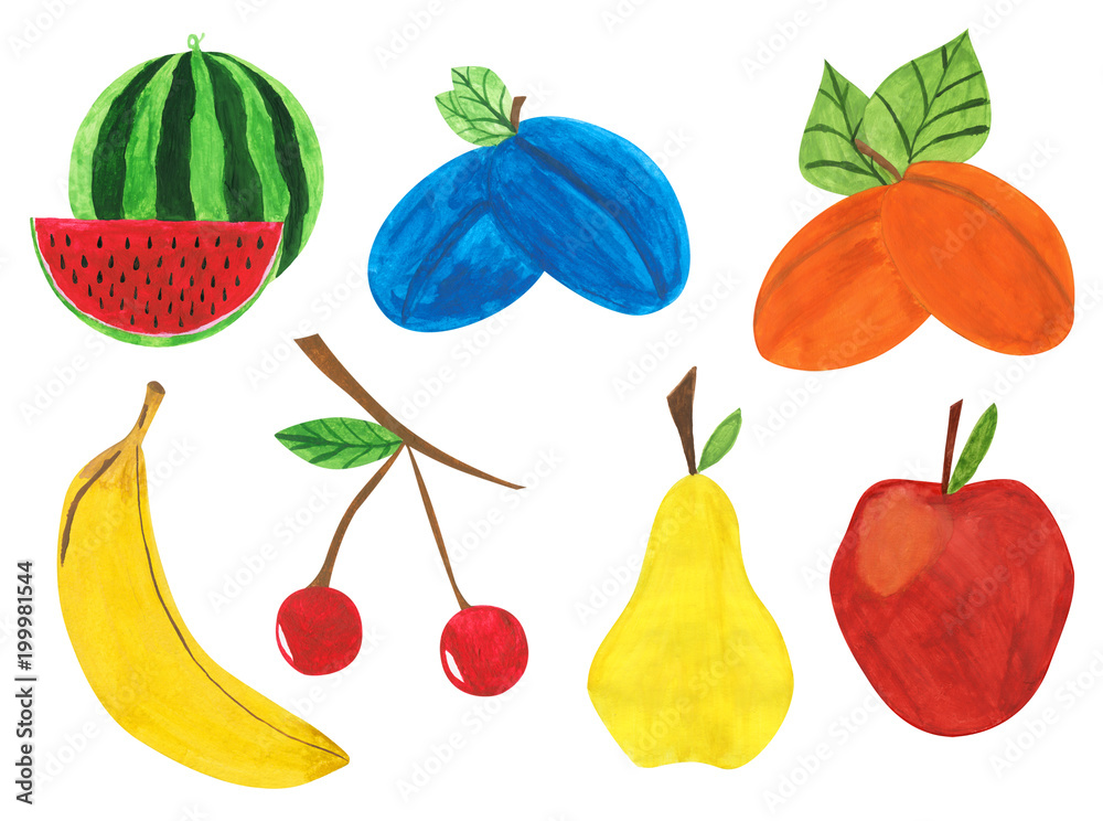 fruit set, gouache paint fruit set, gouache paint