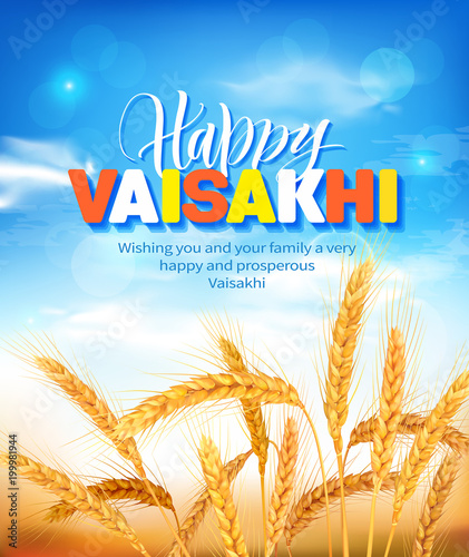 Greeting background with wheat field for Punjabi harvest festival Vaisakhi (Baisakhi). Vector illustration.