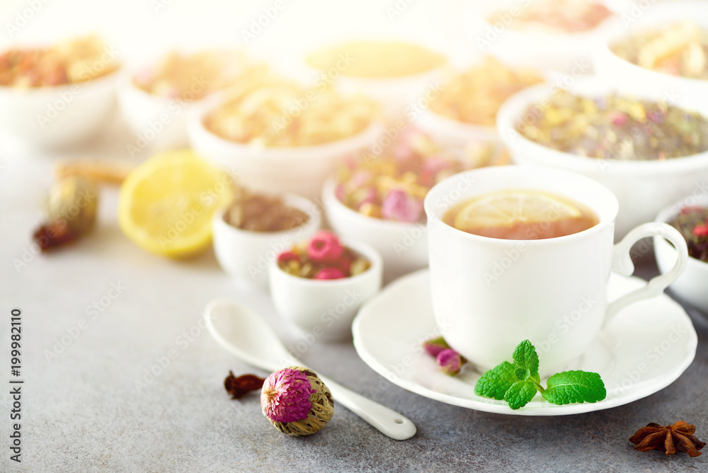 Tea concept with copy space. Different kinds of dry tea in white ceramic bowls and cup of aromatic tea on grey background.