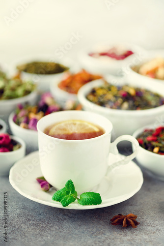 Tea concept with copy space. Different kinds of dry tea in white ceramic bowls and cup of aromatic tea on grey background.