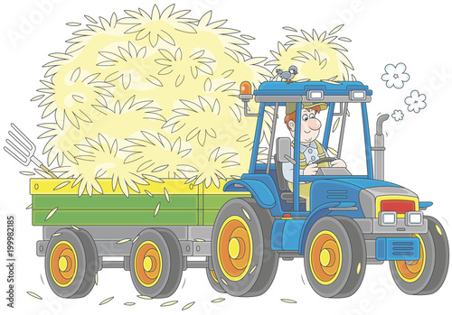 Smiling farmer driving his wheeled tractor with a trailer of hay, a vector illustration in a cartoon style