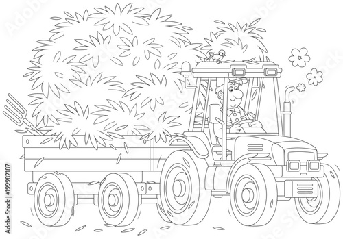 Smiling farmer driving his wheeled tractor with a trailer of hay, a black and white vector illustration in a cartoon style for a coloring book
