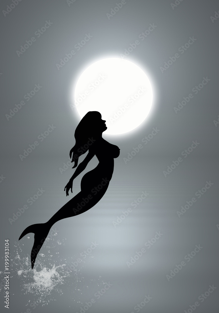 Sirena, mar y luna. Ilustración