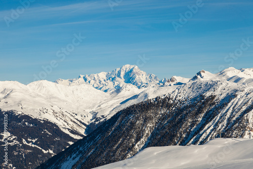 Beautiful view landscape of french alps snowy mountain range in winter. Three Vallees, January 2018, France.
