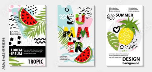 Trendy tropic and  fruit (watermelon, pineapple) pattern covers set, vector