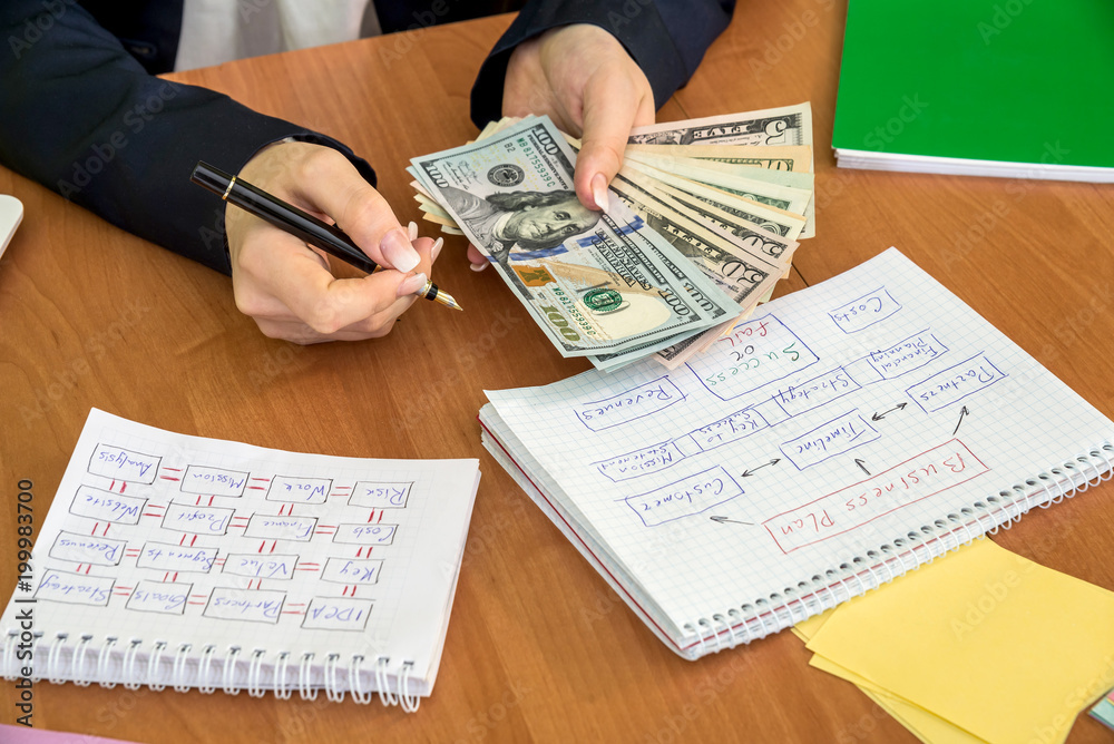 Naklejka premium Business planning with dollar bills in female hands