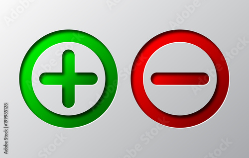 Paper art of red minus and green plus. Vector illustration.