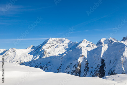 Winter panorama of snowy mountain range in 3 Valleys skiing  snowboard resort  Alps  France