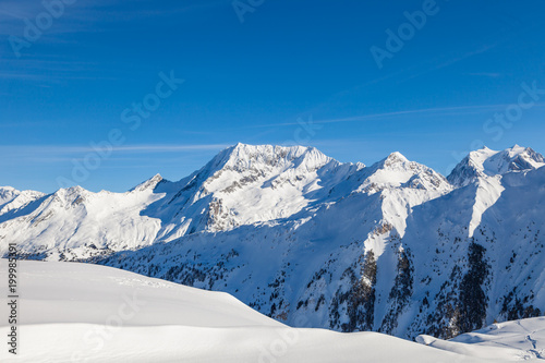 Winter panorama of snowy mountain range in 3 Valleys skiing  snowboard resort  Alps  France