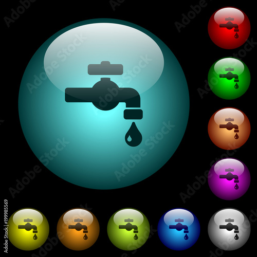 Water faucet with water drop icons in color illuminated glass buttons