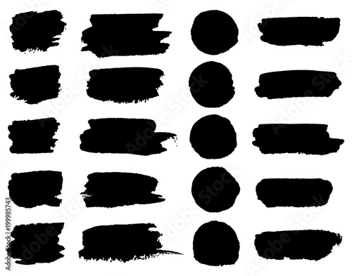 Vector black paint brush spots, highlighter lines or felt-tip pen marker horizontal blobs. Marker pen or brushstrokes and dashes. Ink smudge abstract shape stains and smear set with texture