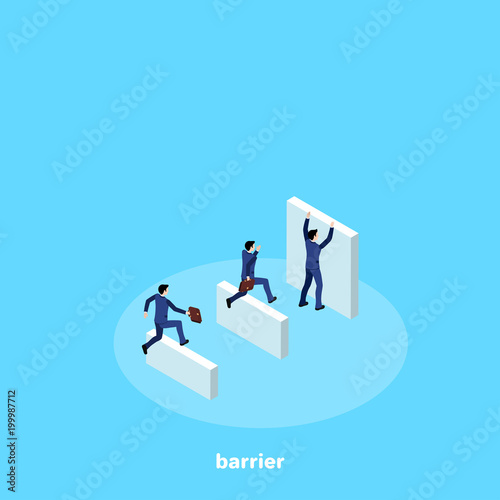 Men in business suits overcome the road with obstacles, isometric image