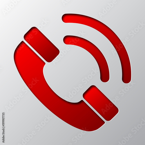 Paper art of red phone icon. Vector illustration.