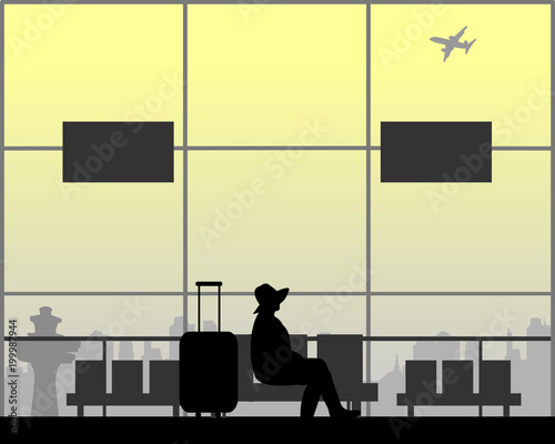 A young pretty girl is waiting for her flight to the airport, one in the series of similar images silhouette